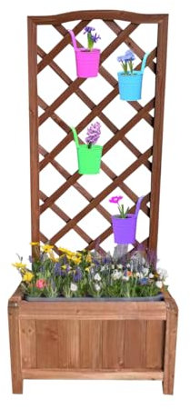 Large Wooden Garden Trough Planter Box - Rectangular Freestanding Flower Wood Container Window Box with Trellis | Heavy Duty Raised Bed & Climbing Frame Grid Brown - Outdoor Use Patio Yard