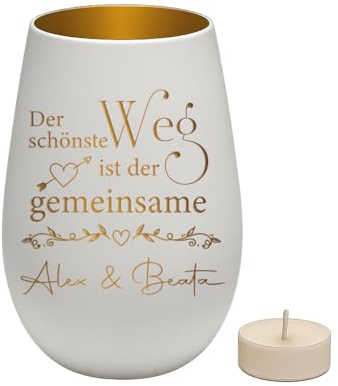 Liebtastisch - Windlicht aus Glas - Der Gemeinsame Weg - Personalisiert mit Namen und Datum - Geschenk zum Jahrestag, Valentinstag, Hochzeitstag - für Paare, Eheleute - Weiß