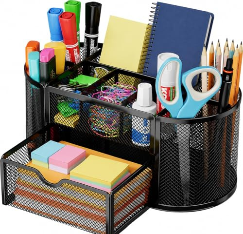 FORKLS Schreibtisch Organizer aus Metall – Büro Organizer mit 8 Fächern & Schublade, Stiftehalter & Dokumentenablage, Moderner Desk Organizer Schwarz für Büro & Homeoffice