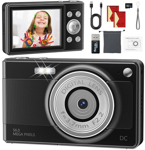Digitalkamera 56MP 1080P Fotokamera mit 32GB SD-Karte & 2 Akkus, 16-Fach Digitalzoom mit 2,8 LCD-Display, Fotoapparat Kompakt Digitalkamera für Einsteiger, Jugendliche und Studenten, Schwarz