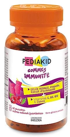 PEDIAKID – Gummies Inmuno - Fórmula Natural con Delicioso Aroma de Frambuesa - Contribuye al Funcionamiento Normal del Sistema Inmunitario - Refuerza las Defensas del Organismo – 60 gominolas