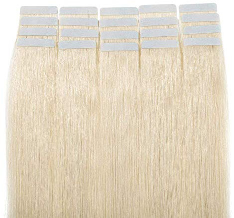 UK-Fashion-Shop Tape Extensions Echthaar 50g - Haarverlängerung 100% Echthaar Extensions Tape In glatt #60 Platinum Blonde 55cm