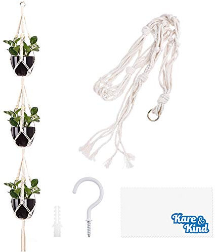 Kare & Kind 3-Tier Support pour Plantes en macramé - Comprend Un Crochet, Un Boulon à Expansion, Un Chiffon de Nettoyage - Matériau en Corde de Coton - pour Pots de Fleurs et Plantes suspendues