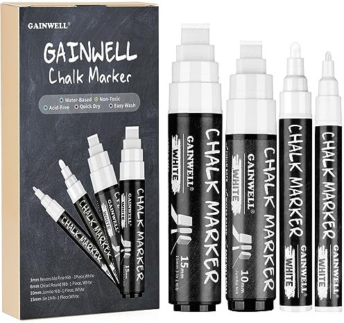 GAINWELL 4er Pack weiße Kreidemarker - Reversible Jumbo- und Feinspitzen - 3mm, 6mm, 10mm, 15mm - Verwendung auf Kreidetafel, Whiteboard, Glas