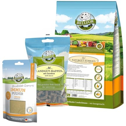 Bellfor Purinarm Set für Hunde – Naturgut-Schmaus 4 kg, Immun Pulver 80 g & Landgut-Happen 200 g – purinbewusste Ernährung mit Insektenprotein
