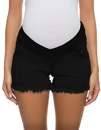 Foucome Short en Jean de Maternité avec Bande Élastique Large sous le Ventre pour la Grossesse, Short en Denim pour Femmes, A# noir., L