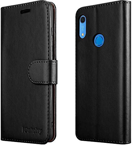 iCatchy For Huawei Y6s Case Leather Wallet Book Flip Folio Stand View Pouch Compatible with Huawei Y6s 2019 Phone Cover (Black)