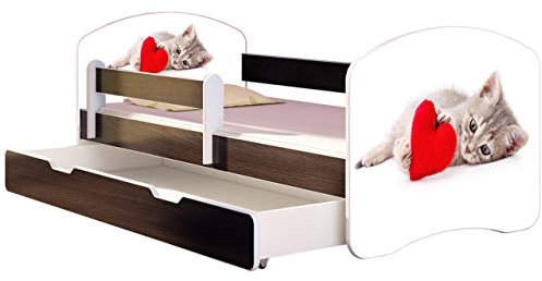 ACMA Kinderbett Jugendbett mit Einer Schublade und Matratze Wenge mit Rausfallschutz Lattenrost II 140x70 160x80 180x80 (40 Katze mit Herz, 180x80 + Bettkasten)