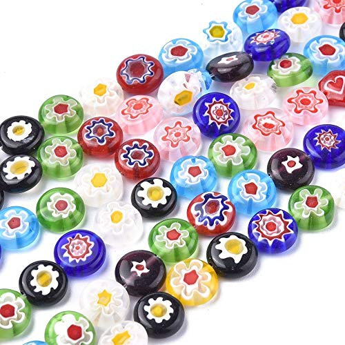 PandaHall Lot de 10 fils de perles en verre Millefiori faites à la main rondes et plates avec fleur unique pour fabrication de bijoux Couleurs mélangées aléatoires 10 x 4 mm