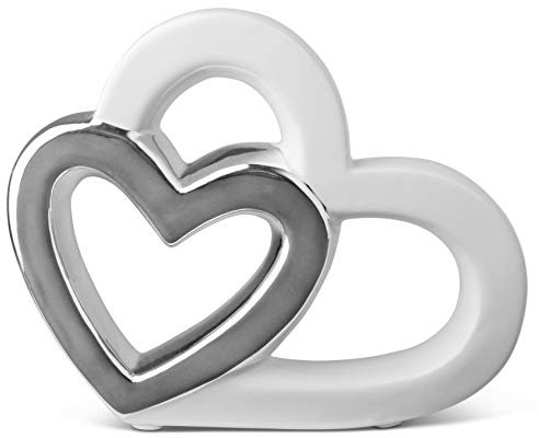 Elegante corazón para la decoración - Figura de cerámica Decorativa en Forma de corazón 16cm - corazón Moderno Deco Blanco y Plata - corazón de cerámica para Deco
