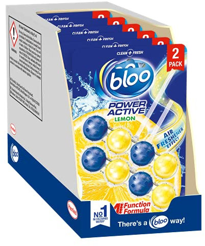 Bloo Power Active Toilet Rim Block Lemon, with Anti-Limescale, Cleaning Foam, Dirt Protection and Extra Freshness - 2x6 pack (12 rimblocks)