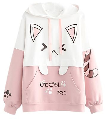 KEAIDO Damen Kawaii Katze Hoodie Ästhetik Anime Niedlich Japanische Kitty Meow Kapuzenpullover Mädchen Langarm Top, rose, Einheitsgröße