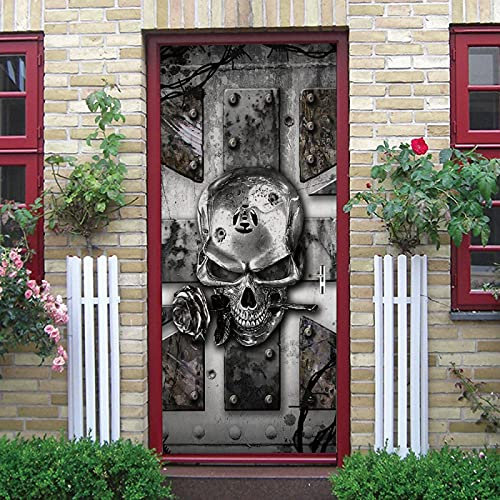 LuSeven türaufkleber 3d Silber Totenkopf Rosen 50x125cm(19.68 inches * 49.21 inches) 3D Tür Aufkleber Vinyl Wand Korridor Selbstklebend Abnehmbare Tapete Aufkleber Innentüren Schlafzimmer Wohnzimmer A