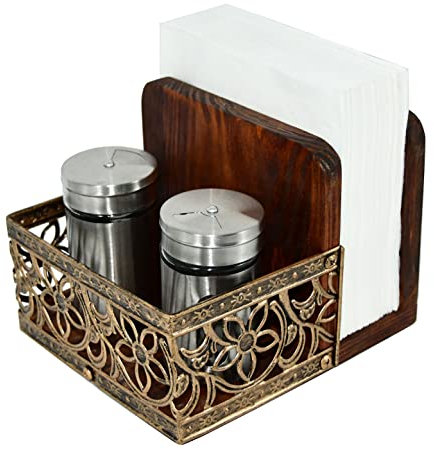 Owlgift 2-in-1 rustikales braunes Holz-Serviertablett mit Serviettenhalter, Metall- und Holz-Serviettenhalter, freistehender Salz- und Pfeffer-Serviettenhalter, Fehlfunktionssalz und Pfeffer