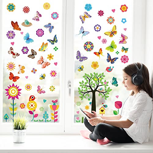 BBLIKE Fensterbilder Frühling 9 Blätter Fenstersticker Frühling Ostern Selbstklebend Schmetterling Blumen Vogel Baum Fensteraufkleber Wiederverwendbare für Fensterdeko Kinderzimmer Party Zubehör