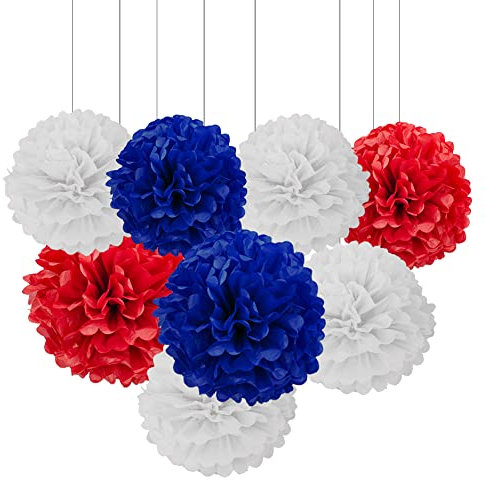 Pompons Papier de Soie Rouge/Blanc/Bleu,12 Pièces Papier Fleur Pompon Rouge/Blanc/Bleu Boule de Fleur en Papier pour fête et Mariage