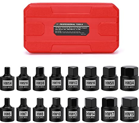 Mayouko 16 Pieces 3/8 Drive Low Profile Hex Socket Set, Impact Allen Bit Socket, CR-MO, 1/4-3/4, 6mm-19mm, SAE&Metric