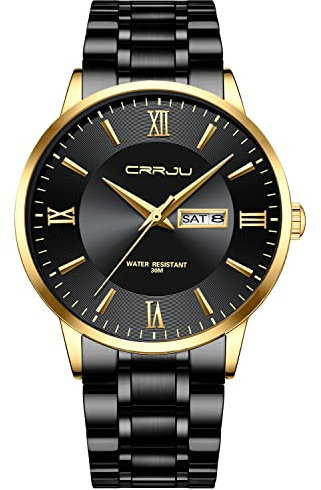 CRRJU Armbanduhr Herren Edelstahl Band Männer Uhr Analog wasserdichte Business Schwarz Stoppuhr Klassische Quarzuhr mit Kalender (Schwarz Gold)