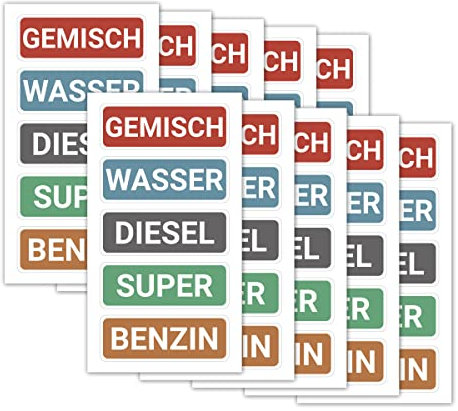 Kraftstoff Aufkleber Super, Benzin, Diesel, Gemisch, Wasser – Tankaufkleber für Auto & Motorrad, Hinweis Kennzeichnung für Kanister, Tankdeckel, Benzinkanister – wetterfest, langlebig (50er Mix)