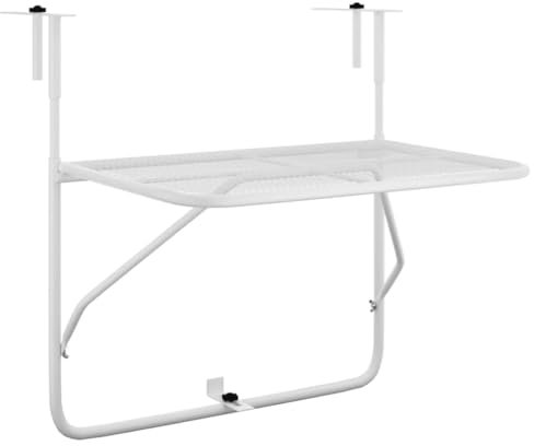 vidaXL Mesa de Balcón Mesita Colgante Plegable Auxiliar Terraza Patio Porche Barandilla Decoración Adorno Macetas Acero Blanca 60x40 cm