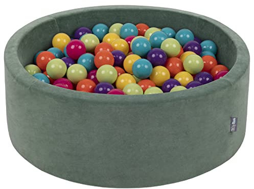KiddyMoon Rund Bällebad Velvet Bällepool 90X30cm/200 Bälle ∅ 7Cm Ballgruben Für Babys Spielbad Kleinkinder, Hergestellt In Der EU, Waldgrün: Hellgrün/Gelb/Türkis/Orange/Dunkelpink/Violett