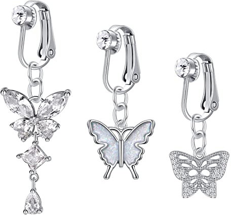 Vcmart 3 pièces Faux Nombril Anneaux Non percés Barres de Ventre Clip sur Faux Piercing Bijoux Papillon balancent