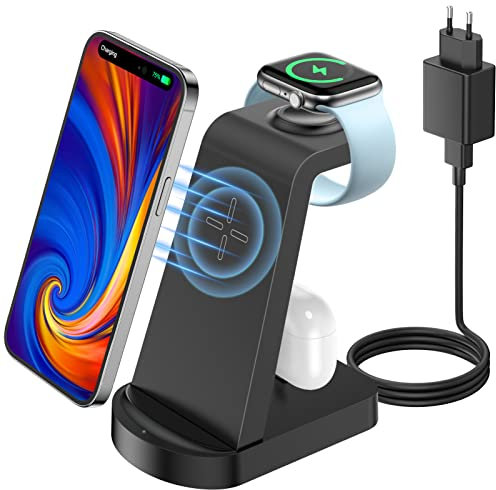 bakibo Induktive Ladestation, Wireless Charger 3 in 1 für iPhone 15/14/14 Plus/14 Pro/13/12/11/X/XS/8, Kabelloses Ladegerät für Apple Watch 8/Ultra/7/6/SE, AirPods 3/2/1/pro (mit Ladegerät), Schwarz