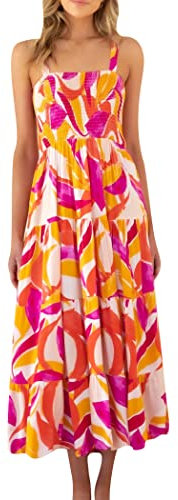 OMZIN Frauen Quadratischer Ausschnitt Gesmokte Rüsche Ärmelloses Spaghettiträger Plissierter Saum Swing Langes Sonnenkleid Rosa Orange M