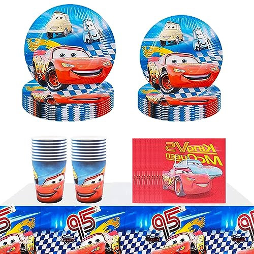 PIUMOJ Vajilla Cars Cumpleaños, Cars Vajilla Fiesta, Platos Cars Cumpleaños, Mantel, Servilletas, Taza, Cars Suministros de Fiesta, Decoración Cumpleaños Cars para Niños, 20 Invitados