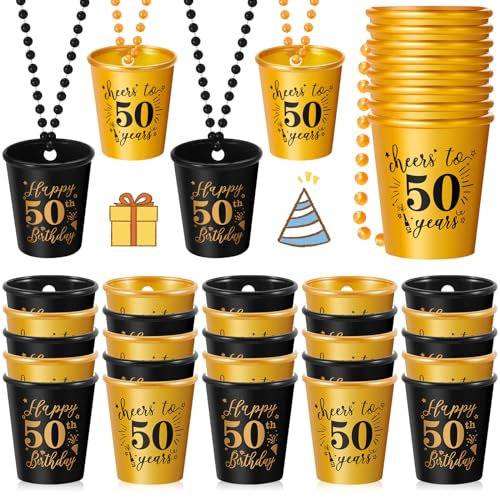 Sureio 24 Pcs 50th Birthday Shot Necklace Glasses Cups Bulk for Women Men Guests Plastic Gold and Black Shot Necklace Cups for Birthday Party Favors Anniversary Supplies