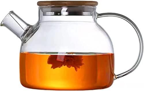 HwaGui Théière en verre borosilicate 1000 ml avec filtre en métal, théière avec couvercle en bambou, carafe en verre