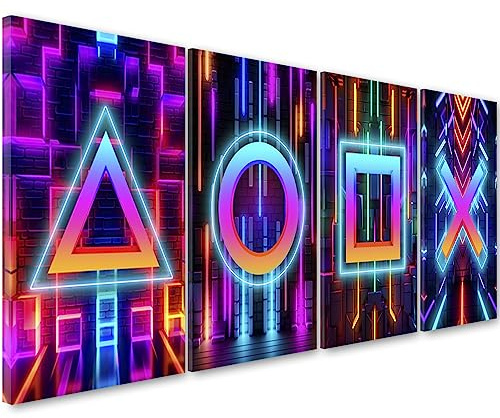 Feeby Wandbilder Game Spielkonsole 120x45 cm 4 Teilig Modern Leinwandbilder Bild auf Leinwand Kunstdruck Wand Bild Wanddeko Design Schlafzimmer Jugendzimmer Wohnzimmer Play für Gamers Violett