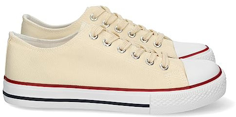 74785 Zapatilla Plana de Mujer, Comoda, con Material de Lona, Estilo Bamba Casual, y Cierre de Cordones Beige Talla 36