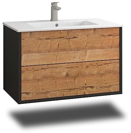 Stil.Zeit Evelia Badmöbel inkl. Waschbecken | Waschtisch mit Unterschrank 80.5 cm | Anthrazit/Dekor Silberfichte| Push-to-Open/hängend