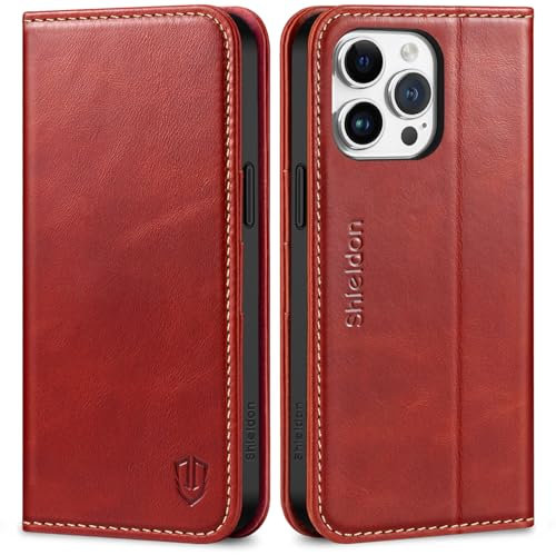 SHIELDON Hülle für iPhone 15 Pro Max, Lederhülle [Echtleder] [RFID Blocker] [Kartenfach] [Magnet] TPU Klapphülle Handyhülle Schutz Kompatibel mit iPhone 15 Pro Max 6,7 - Rot