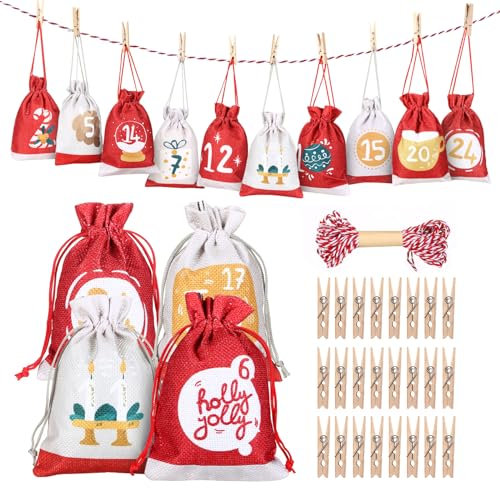 GWHOLE 24PCS Advent Calendars Bags for Filling, Reusable Christmas Burlap Gift Bags with Drawstring, Empty Bags DIY Make Your Own Advent Calendars for Xmas Christmas Decorations