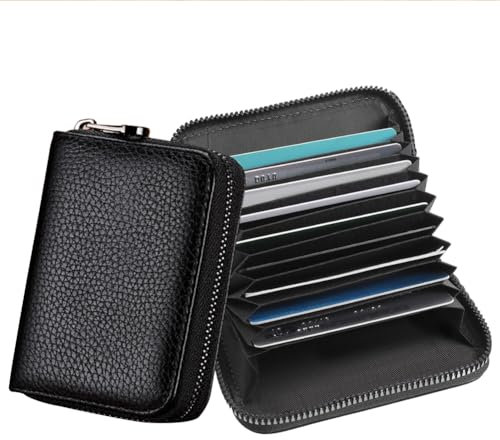 Portacarte stile Fisarmonica, Portacarte in pelle con Cerniera, Pelle Portafoglio Cerniera, Porta Carte di Credito, Portafoglio per uomo e donna con protezione RFID NFC, 12 Card slot e 2 Compartimenti
