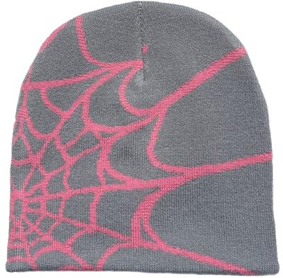 RYMAUP® Spinnennetz Beanie - Y2k Baggy Slouchy Mütze, Leichte Jersey Skull Cap für Herbst Frühling, Grau + Rosa