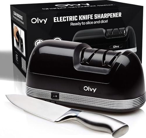Olvy Elektrischer Messerschleifer, Profi-Diamant-Messerschärfer, Grob- und Feinschliff, Schnelle, Rasiermesserscharfe Ergebnisse, Geräuscharm