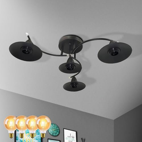 GBLY Deckenlampe Vintage Deckenleuchte mit 4 × E27 G95 geraden Glühfäden Glühbirne Retro Schwarz Wohnzimmerlampe Industrial Flurlampe Schlafzimmerlampe Esszimmerlampe Wohnzimmer Beleuchtung