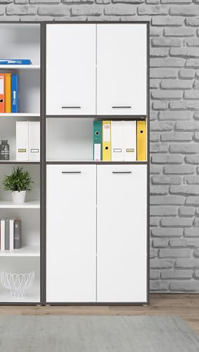 Forte KEFLAVIK Bücherregal 80 90, Regal mit 4 Türen, Standregal modern, weißes Regal, Büroregal, Holzwerkstoff, Weiß/Uni Wolfram Grau, 84,5 cm breit x 226,5 cm hoch x 41,5 cm tief
