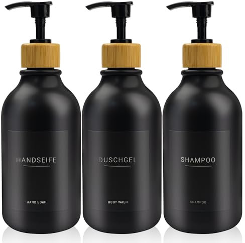 3 Stück 500ml Seifenspender mit 22 Schwarzen Etiketten Lotionspender aus PET-Kunststoff Leere Flasche Geeignet für Bäder(Schwarz)