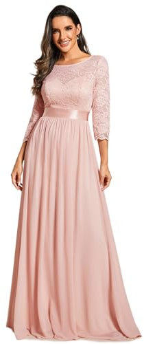 Ever-Pretty Robe Femme d'Invité de Mariage Longue Dentelle Mousseline Manches 3/4 A Line Col Rond Rose 46