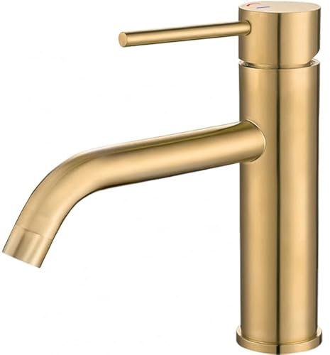 VALAZ Grifo Lavabo Oro Mate | Grifo Monomando Lavabo, Apertura en Frío, Mezclador Agua Fría y Caliente, Ahorro de Agua | Instalación Facil y Rápida | Latón, Inoxidable, Elegante, Redondo, Serie Ason