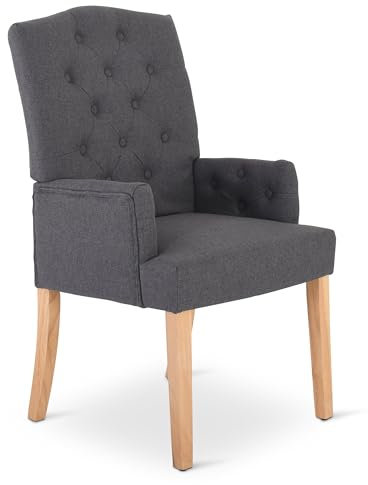 Raburg Esszimmerstuhl, Chesterfield-Design, Polsterstuhl, eleganter Armlehnen-Stuhl, Steppung, Landhausstil, Küchenstuhl, Belastbarkeit 110 kg, Victoria, Bezug Dunkelgrau|Beine Hell