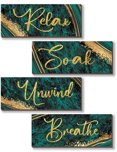 ONIZHITY 4 Pcs Large Green and Gold Wall Decor - Relax Soak Unwind Breathe Wood Rustic Marble Bathroom Accessories for Bedroom, Living Room, Office, Kitchen (Green Gold 14X5.5)