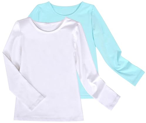 2 Pack Girls Top Tee Shirt Basic Long Sleeve Cotton Casual School Uniform Age 9-10 Years White Blue