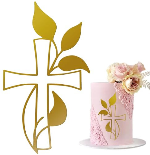 AWAVM 1 Stk Kuchendeko Kreuz Cake Topper Taube Gold Acryl Torte Deko, Schillernder Spiegeleffekt für Hochzeit, Geburtstag, Weihnachten, Party & mehr, Kreuz und Blätter (B)