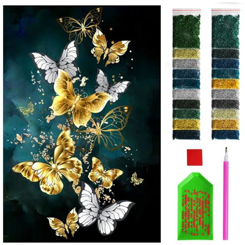 ARTULIO Diamond Painting Set - Goldene Schmetterlinge auf grünem Hintergrund - 40x60 cm - Groß XXL - 5D Diamant Painting Bilder DIY, Diamond Painting Erwachsene