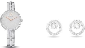 Swarovski Cosmopolitan Uhr, Metallarmband, Silberfarben, Edelstahl & Creativity Ohrstecker, Rund, Weiss, Rhodiniert